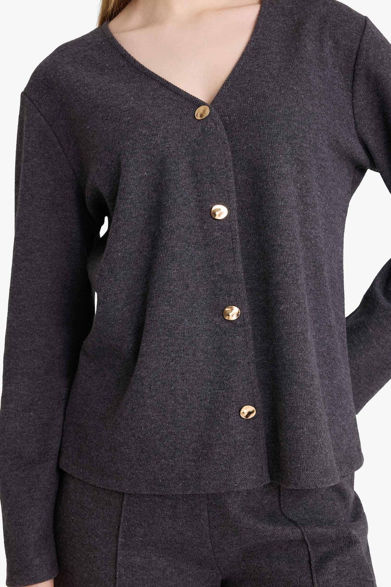 DeFacto Grey Woman Regular Fit V-Neck Pique Cardigan Casual - Image 4